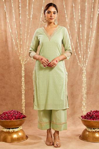 Green embroidered cotton kurta set