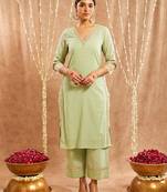 Green embroidered cotton kurta set
