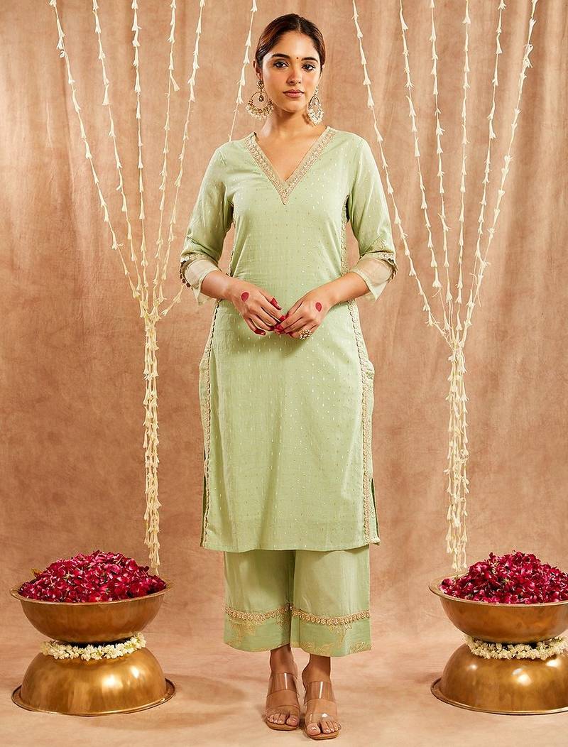 Green embroidered cotton kurta set