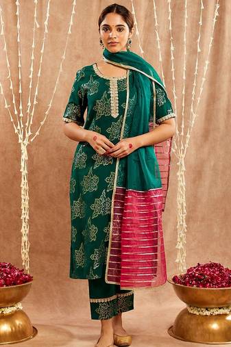 Dark green embroidered cotton kurta set