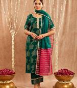 Dark green embroidered cotton kurta set
