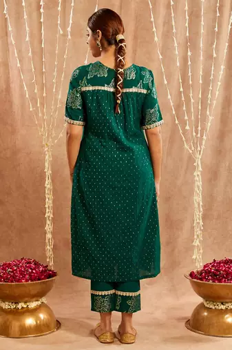 Dark green embroidered cotton kurta set
