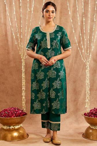 Dark green embroidered cotton kurta set