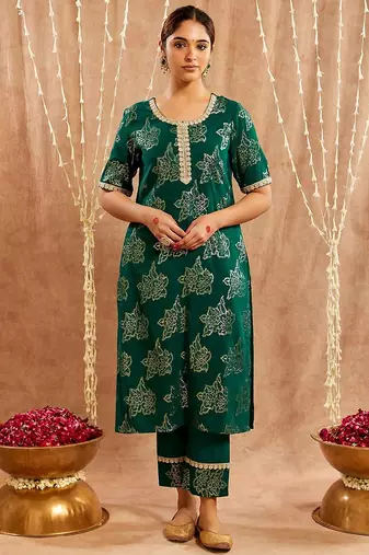 Dark green embroidered cotton kurta set