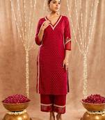 Maroon embroidered cotton kurta set