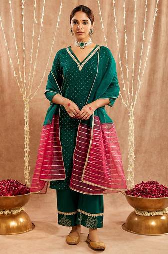 Dark green embroidered cotton kurta set