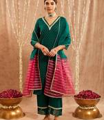 Dark green embroidered cotton kurta set