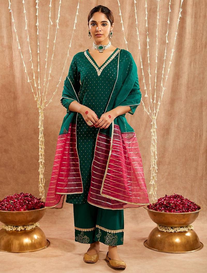 Dark green embroidered cotton kurta set