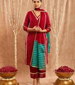 Maroon embroidered cotton kurta set