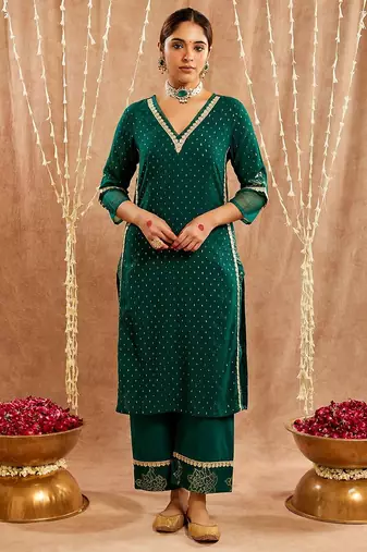 Dark green embroidered cotton kurta set