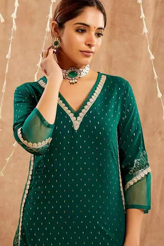 Dark green embroidered cotton kurta set