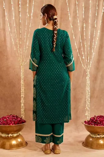Dark green embroidered cotton kurta set