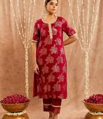 Maroon embroidered cotton kurta set