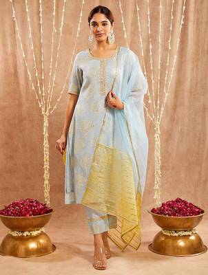 Light blue embroidered cotton kurta set 1