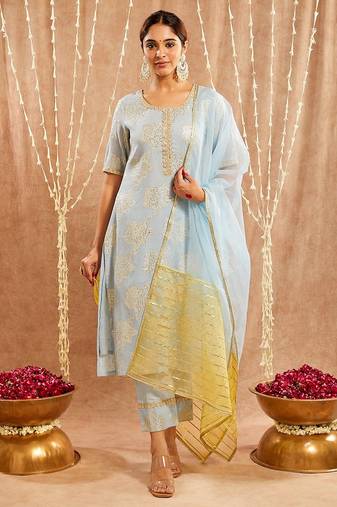 Light blue embroidered cotton kurta set