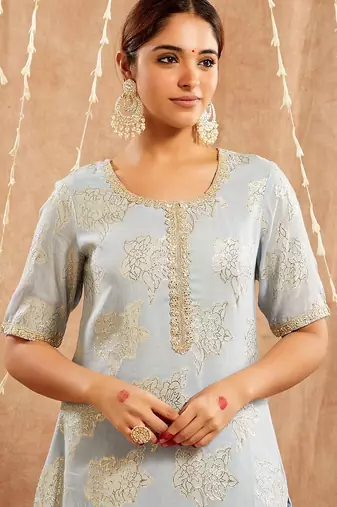 Light blue embroidered cotton kurta set