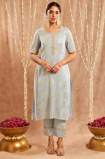 Light blue embroidered cotton kurta set