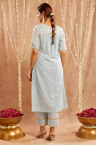 Light blue embroidered cotton kurta set