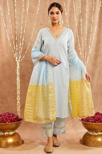 Light blue embroidered cotton kurta set