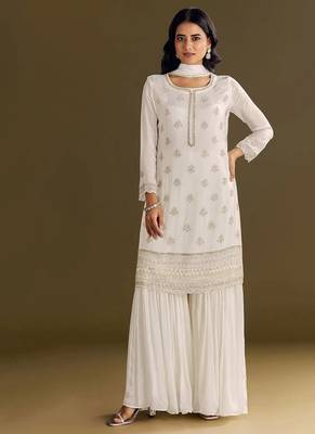 new georgette white palazzo suit with hand work finish 1