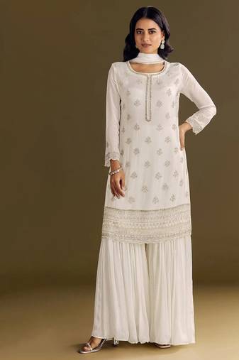 new georgette white palazzo suit with hand work finish