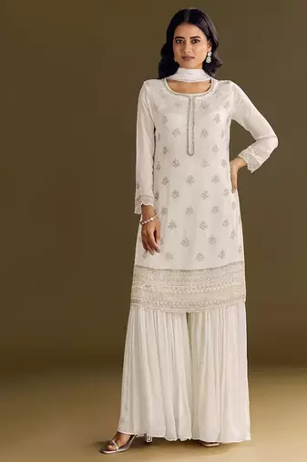 new georgette white palazzo suit with hand work finish