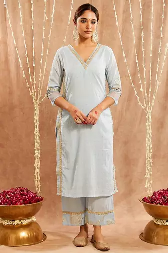 Light blue embroidered cotton kurta set