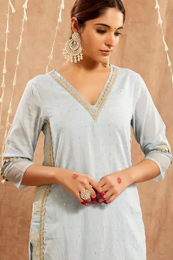 Light blue embroidered cotton kurta set