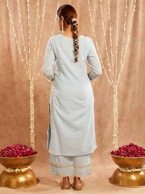 Light blue embroidered cotton kurta set 3