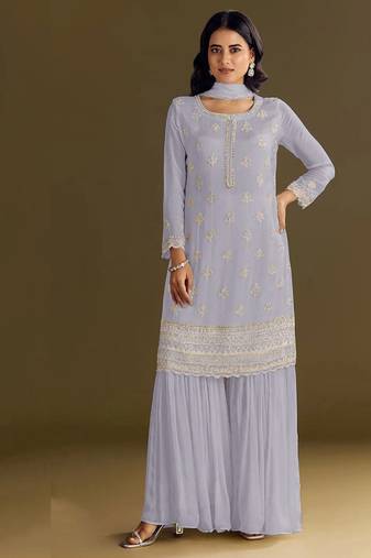 new georgette grey palazzo suit with hand work finish