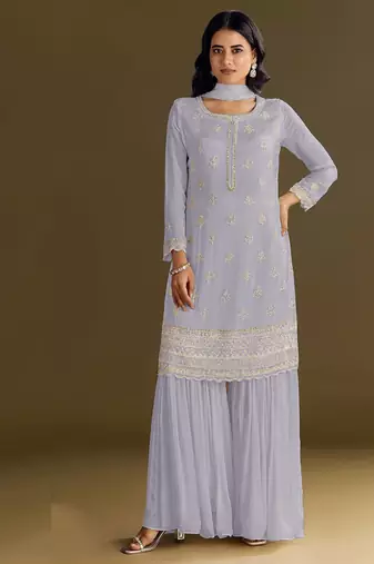 new georgette grey palazzo suit with hand work finish