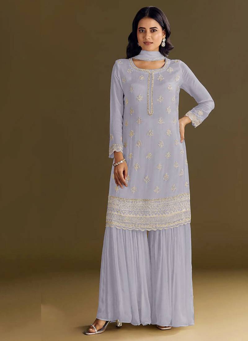 new georgette grey palazzo suit with hand work finish