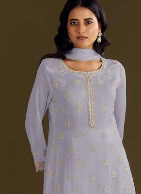 new georgette grey palazzo suit with hand work finish 2