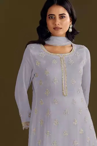 new georgette grey palazzo suit with hand work finish