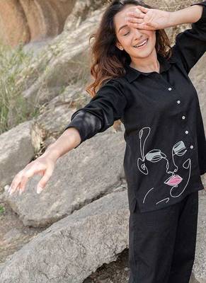  Embroidery Collar Neck Shirt With Trousers Co-Ords 1