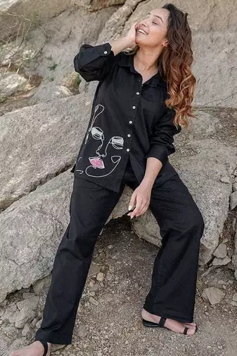  Embroidery Collar Neck Shirt With Trousers Co-Ords