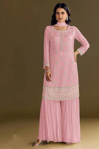 new georgette baby pink palazzo suit with hand work finish