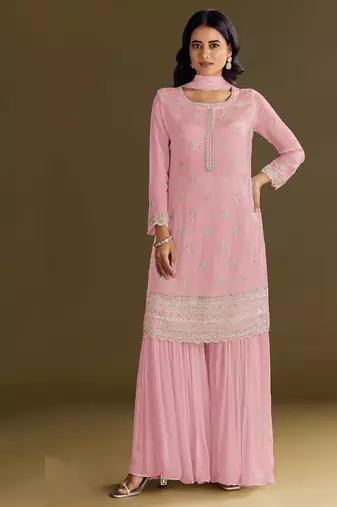new georgette baby pink palazzo suit with hand work finish