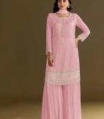 new georgette baby pink palazzo suit with hand work finish