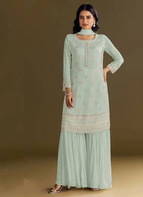 new georgette pista green palazzo suit with hand work finish 1