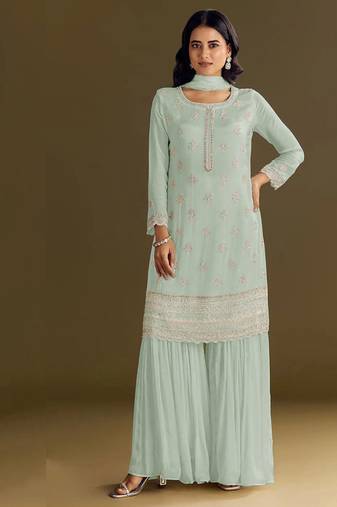 new georgette pista green palazzo suit with hand work finish