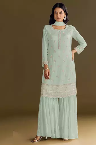 new georgette pista green palazzo suit with hand work finish