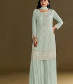 new georgette pista green palazzo suit with hand work finish
