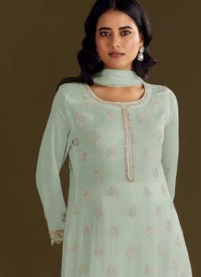 new georgette pista green palazzo suit with hand work finish 2