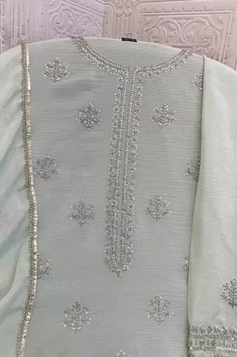 new georgette pista green palazzo suit with hand work finish