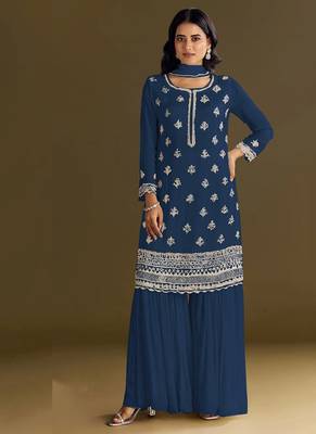 new georgette blue palazzo suit with hand work finish 1