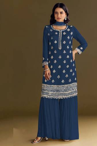new georgette blue palazzo suit with hand work finish