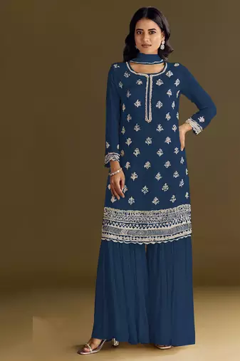 new georgette blue palazzo suit with hand work finish