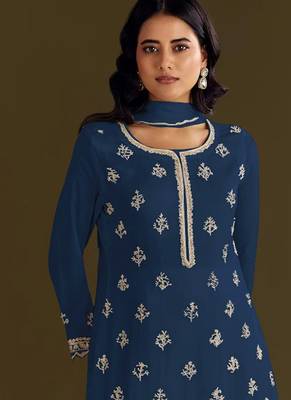 new georgette blue palazzo suit with hand work finish 2