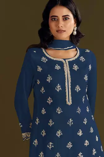 new georgette blue palazzo suit with hand work finish